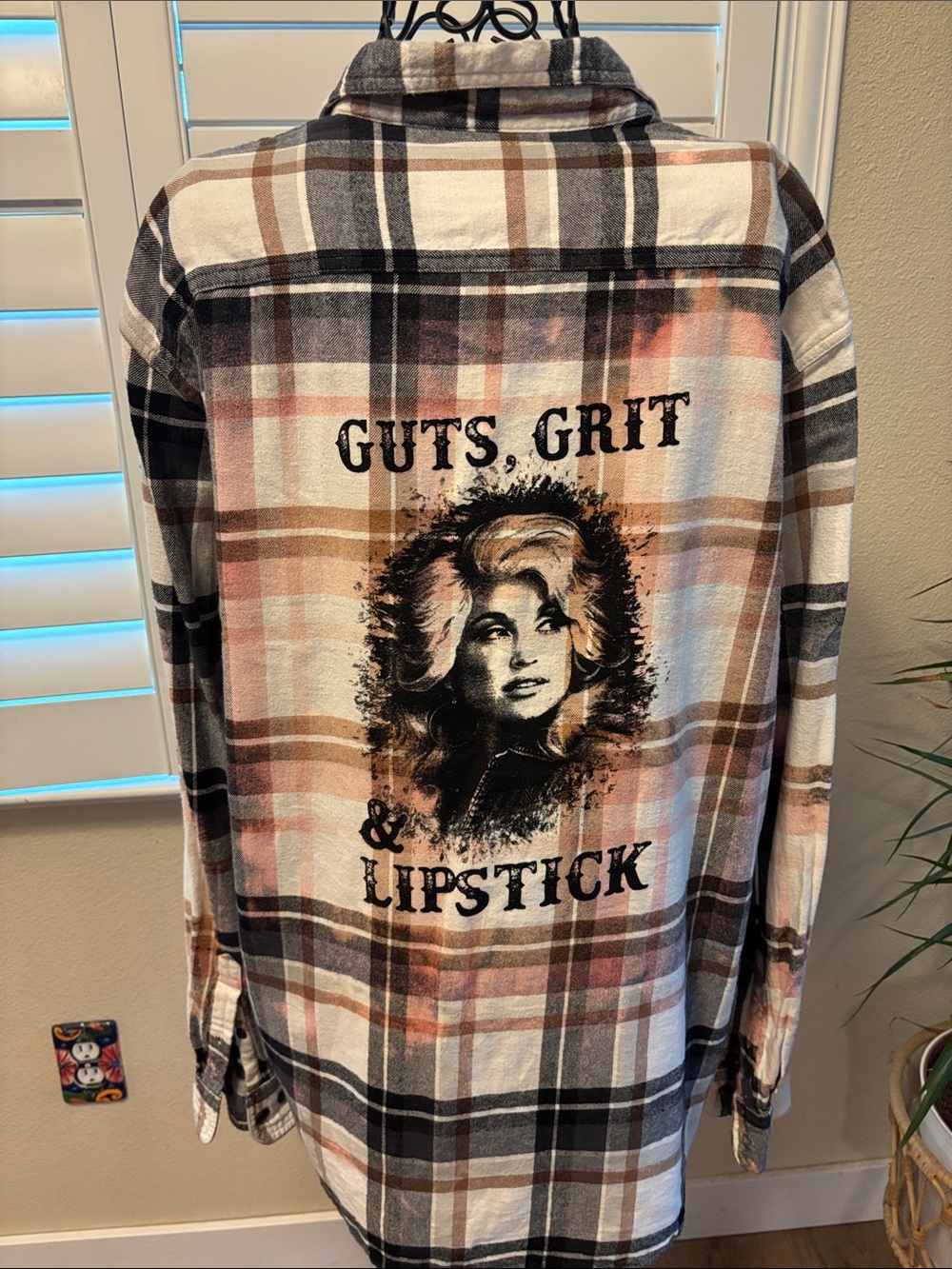 Handmade one of a kind distressed flannel with Dolly Parton graphic